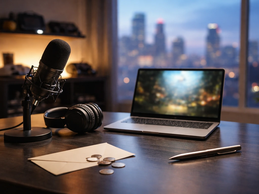 Anonymous streamer desk with microphone, headphones, laptop blur, and small money symbols on a minimal setup.