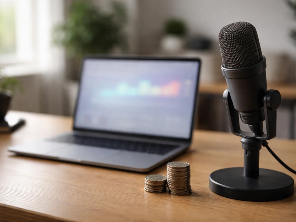 Minimal office desk scene with a laptop, coins, and a studio mic to symbolize multiple income streams.
