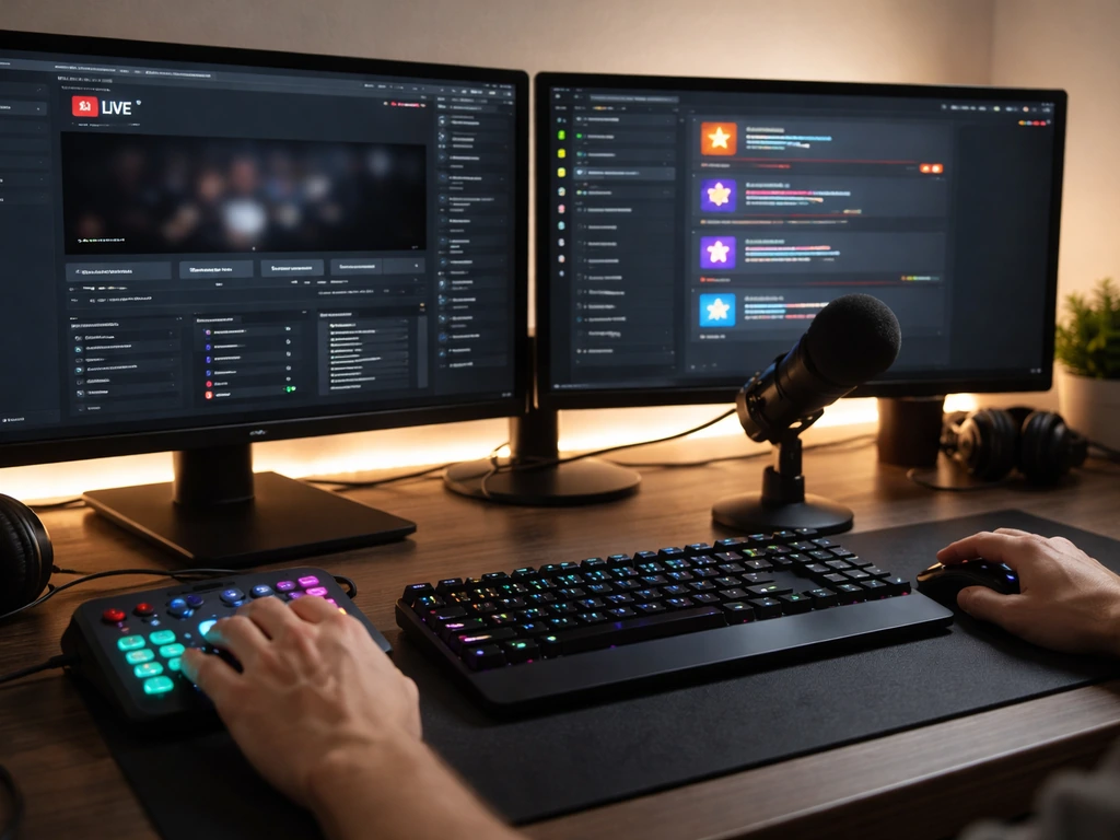 Anonymous streaming desk with two monitors showing generic live and notification alerts, microphone in foreground.