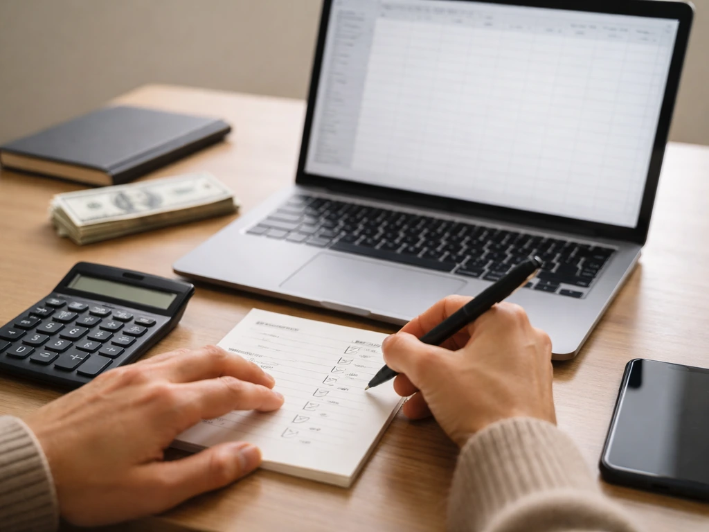 Hand writing estimates beside a laptop with a simple spreadsheet-like grid in soft natural light