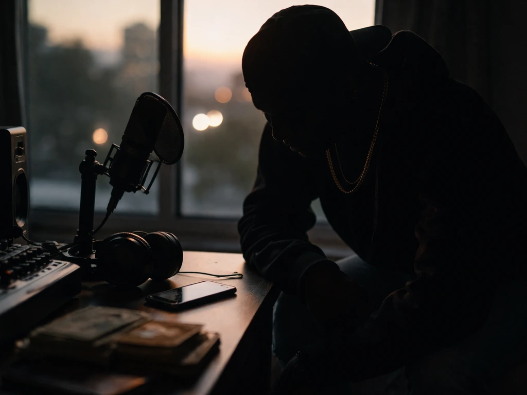 Anonymous performer at a small studio desk with microphone and cash, dusk city lights behind.