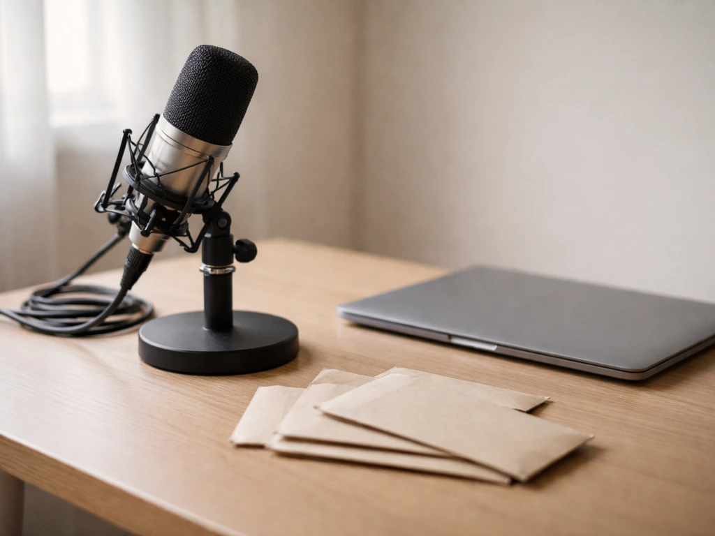 Minimal desk scene with a studio microphone and scattered cash-like envelopes, symbolizing the rapper vs film confusion