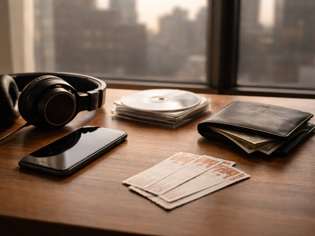 Desk with phone, headphones, CDs, and cash symbolizing music, streaming, merch, and touring revenue.