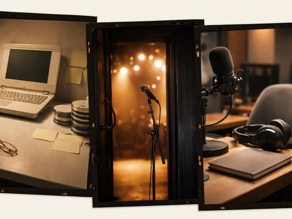 Three anonymous milestone scenes in film-frame thumbnails: old laptop desk, venue mic stand, recording studio corner.