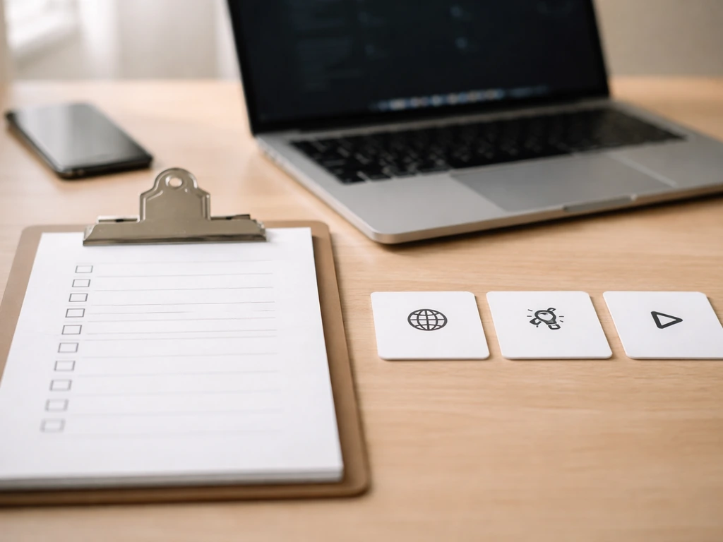 Minimal desk with a clipboard checklist and three icon cards for verifying website, tour, and latest releases.