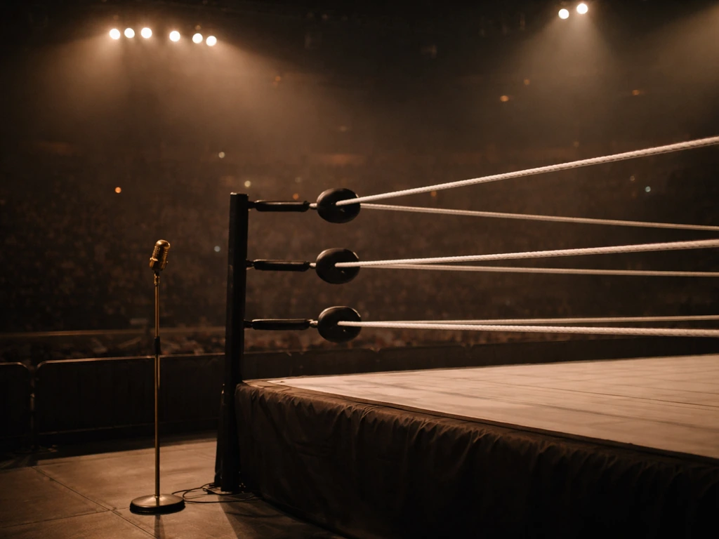 Empty WWE-style arena ring with a dark backdrop and a single gold microphone stand near it