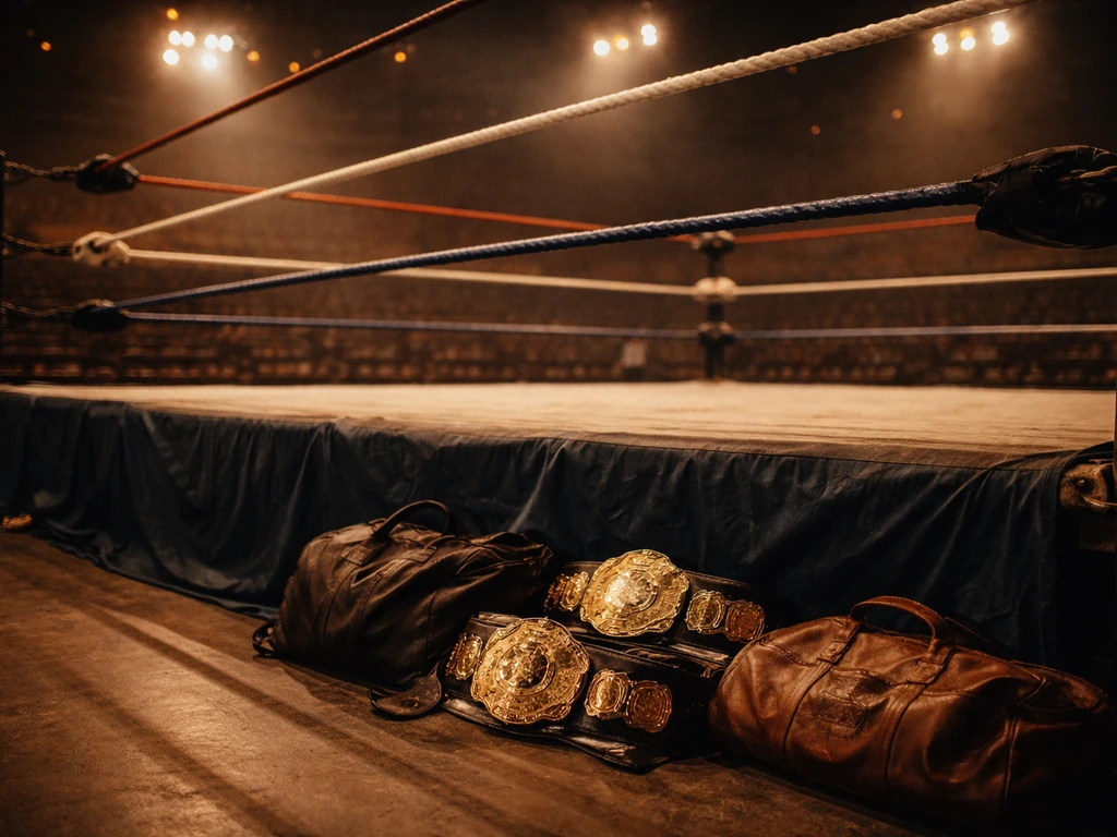 Vintage wrestling ring with worn ropes and gear near the ring skirt in a warm 1980s arena.