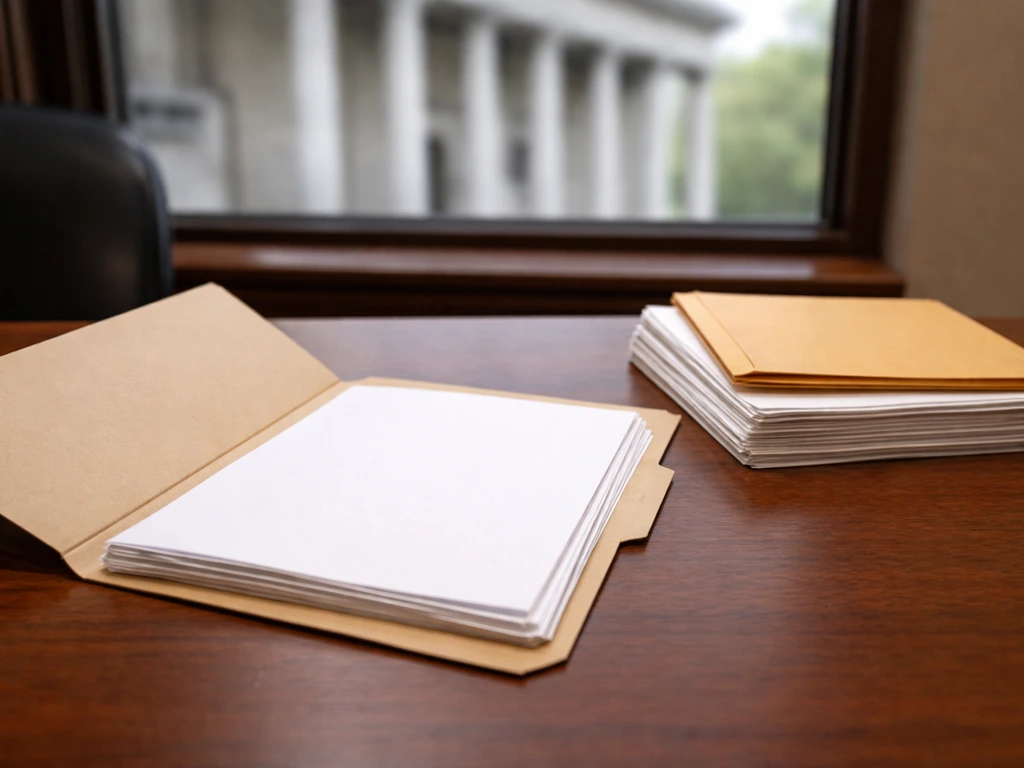 Manila legal folder and paperwork on an office desk with a blurred courthouse outside the window.