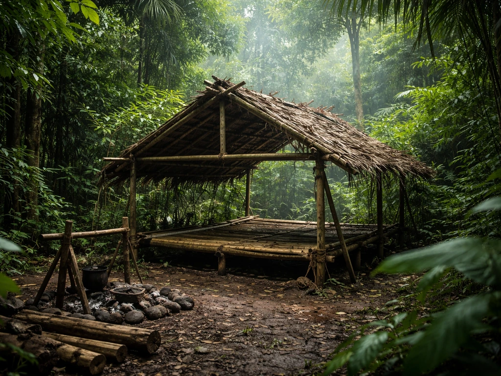 Cinematic wide shot of a primitive bamboo survival shelter in dense jungle greenery, symbolic of adventurous survival an