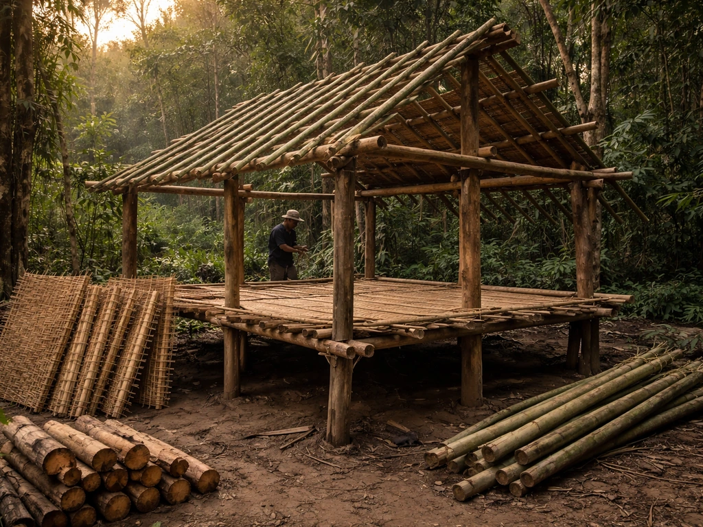 Bamboo-and-wood primitive structure under construction in a Cambodian jungle clearing