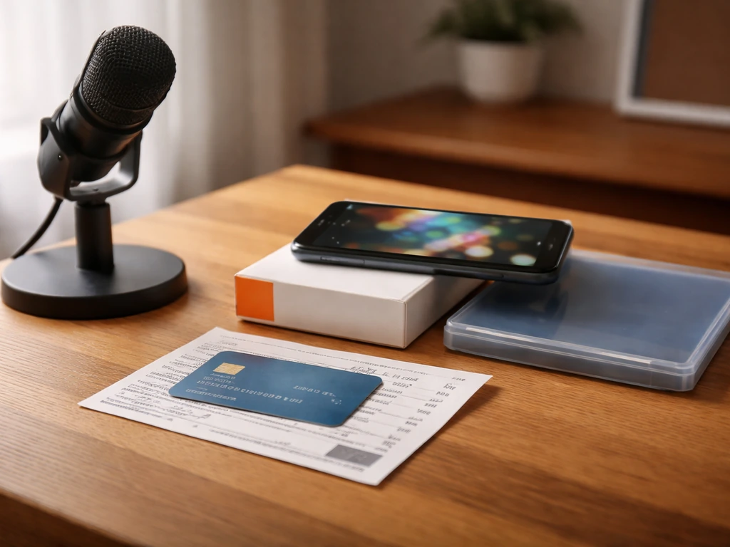 Minimal photo of a YouTube-style desk with four revenue items arranged to suggest ad, sponsorship, affiliates, licensing