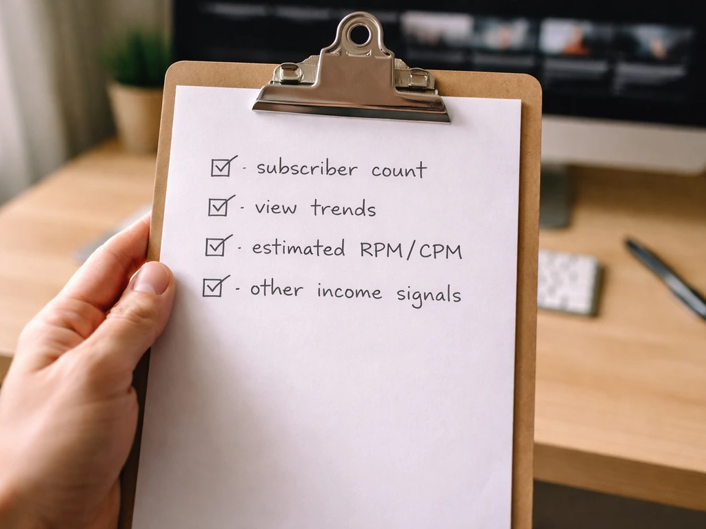 Hand holding a clipboard with handwritten data checklist items about YouTube metrics and income signals