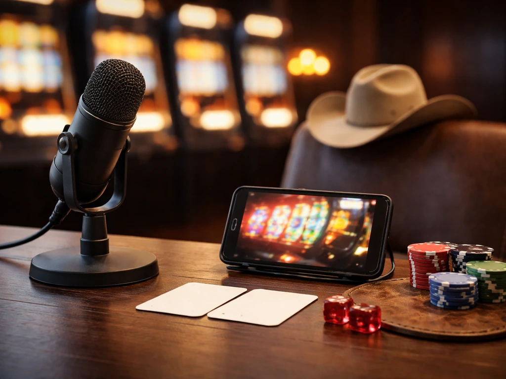 Minimal studio desk with microphone and casino-themed phone display, warm cowboy accents, no readable text.