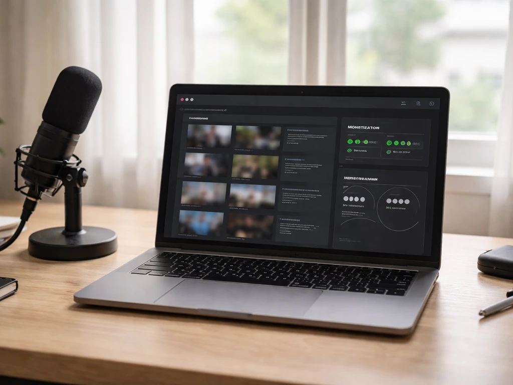 Close-up of a laptop with YouTube-style monetization dashboard elements and a small microphone on a desk