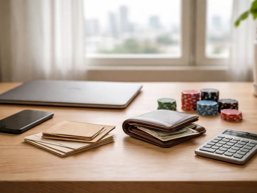 Minimal office scene with a laptop and open ledger showing money symbols, suggesting valuation range
