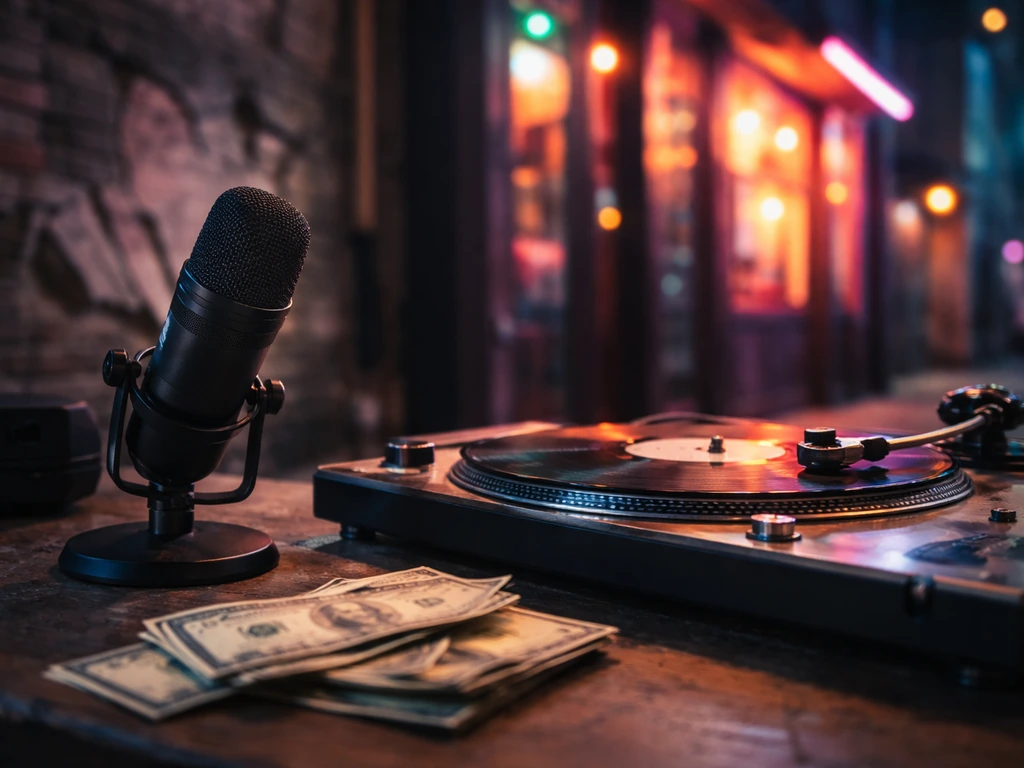 Anonymous hip-hop studio desk with microphone and vinyl records, with subtle money symbolism in soft urban light.