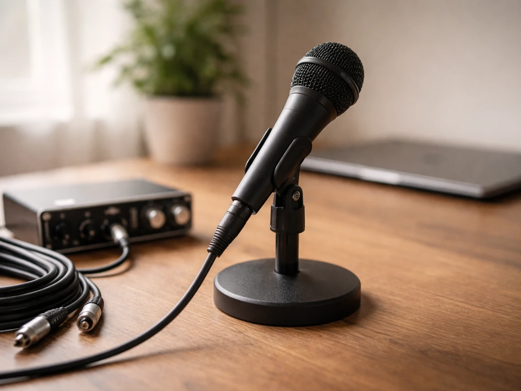 Minimal photo of a media studio desk with a microphone and music gear, symbolizing an independent rapper’s online presen