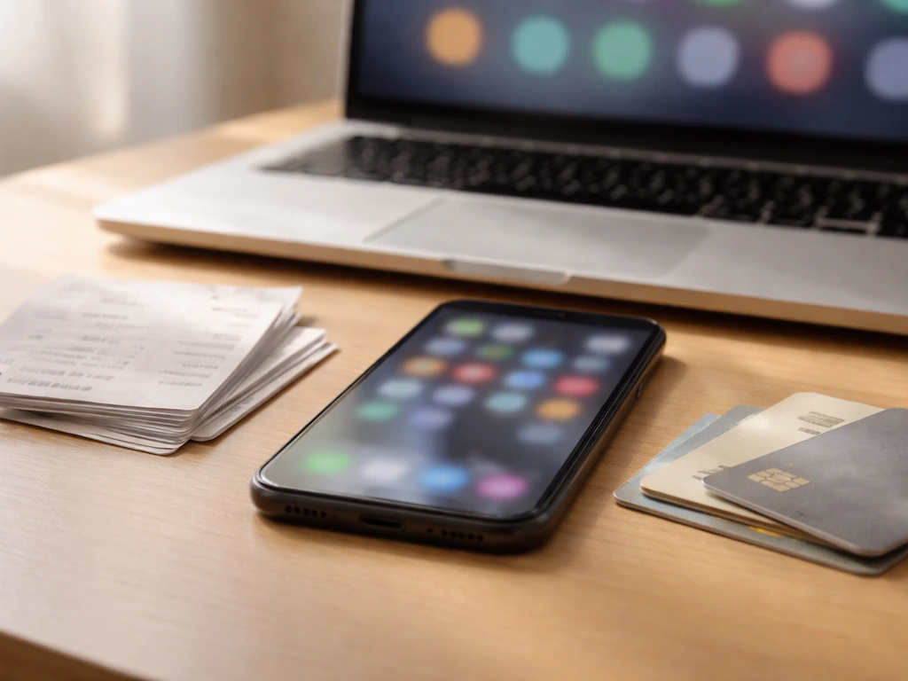 Close-up of a smartphone and small stack of music payout receipts beside a laptop showing abstract DSP icons