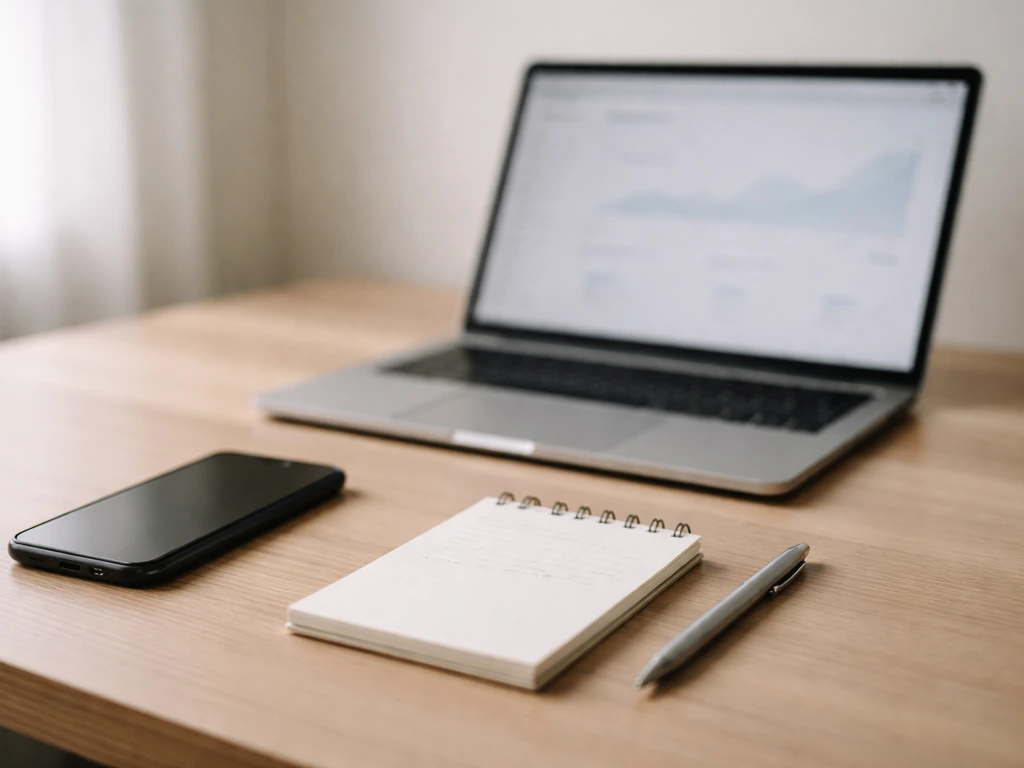 Minimal desk scene with laptop showing generic analytics-like charts, plus notes for updating an estimate
