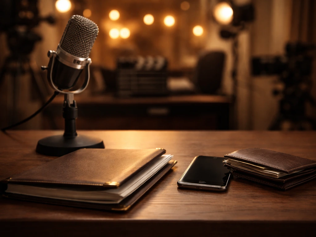 Unoccupied studio desk with a microphone and wallet, symbolizing entertainment earnings and financial analysis.