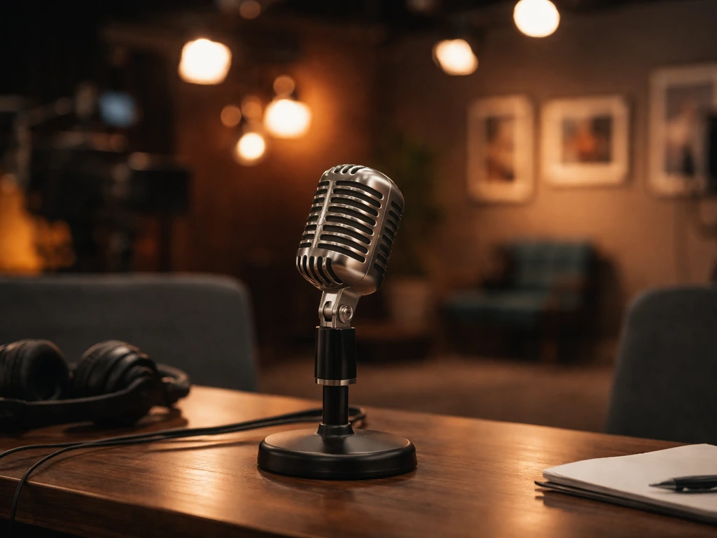 Minimal studio scene with a microphone and warm lighting, symbolizing TV acting and media work