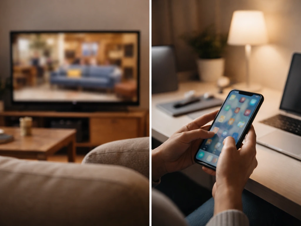 Split-scene showing a TV screen moment and a smartphone/laptop moment representing acting and social media income stream
