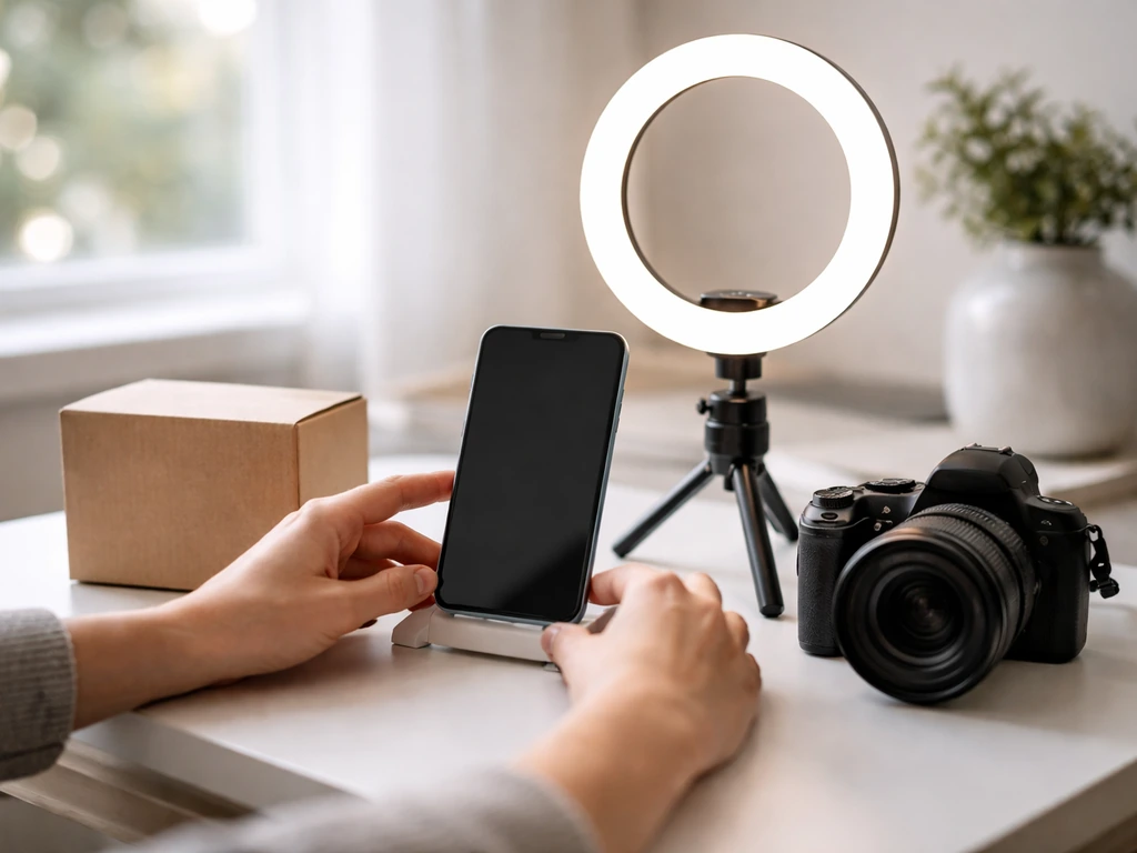 An anonymous content creator at a desk with a smartphone and camera gear, suggesting a sponsored social media post