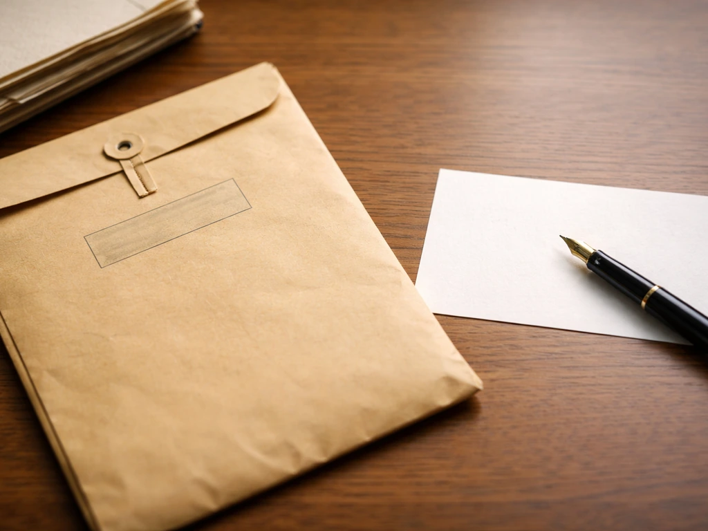 Close-up of an old legal document envelope and a simple handwritten name on a blank card