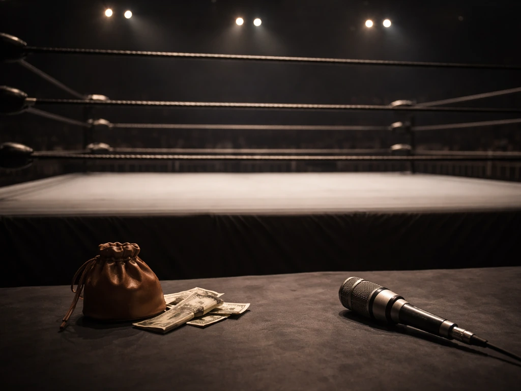 An empty wrestling ring under arena lights with scattered cash-like props and a vintage microphone on the floor