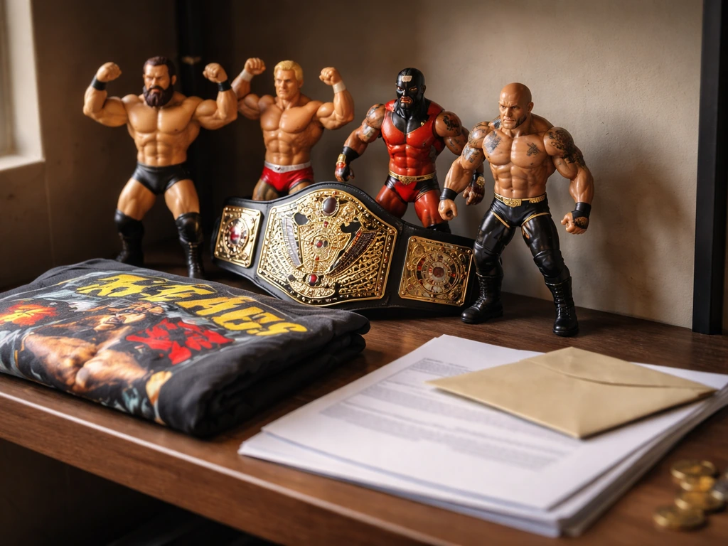 Close-up of a shelf with wrestling-themed action figures and gear beside a generic business paperwork stack.