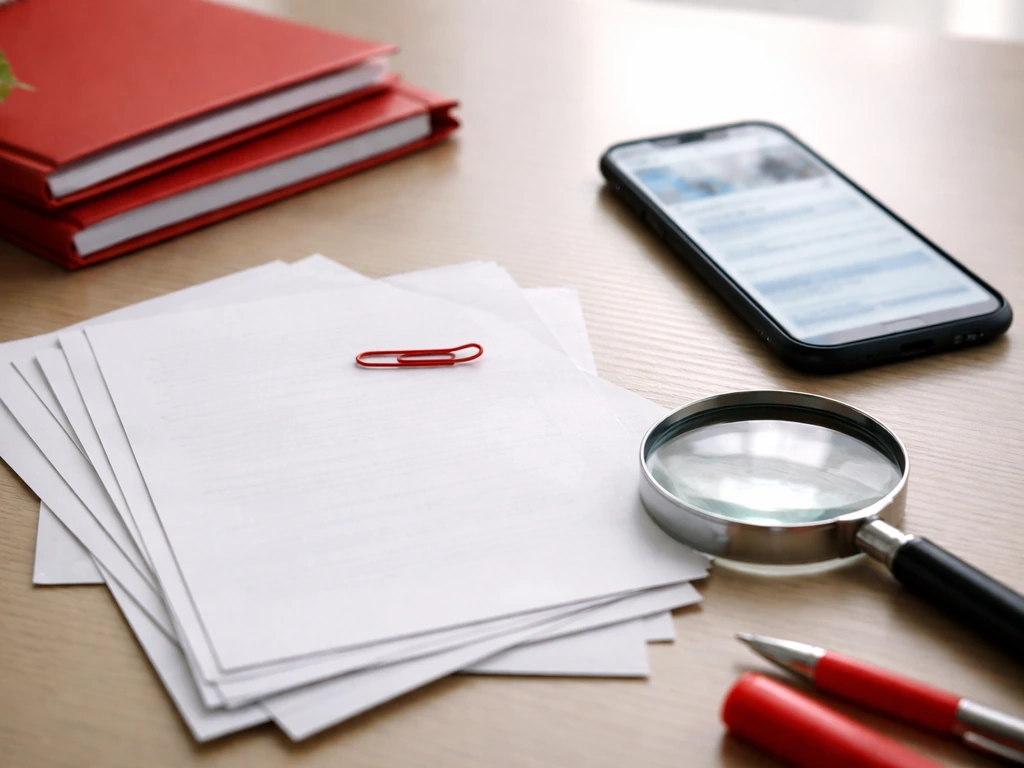 Minimal desk scene with scattered papers, a smartphone showing blurred finance pages, and a magnifying glass