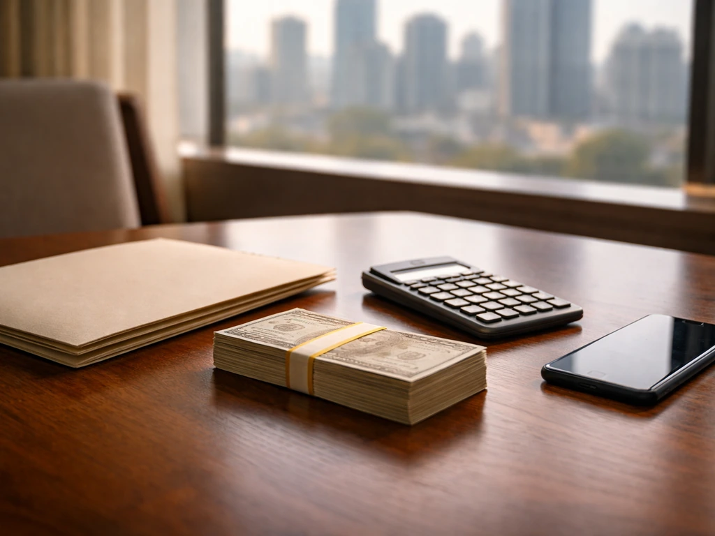 Minimal office desk with cash, calculator, and a blurred city view symbolizing a net worth estimate range