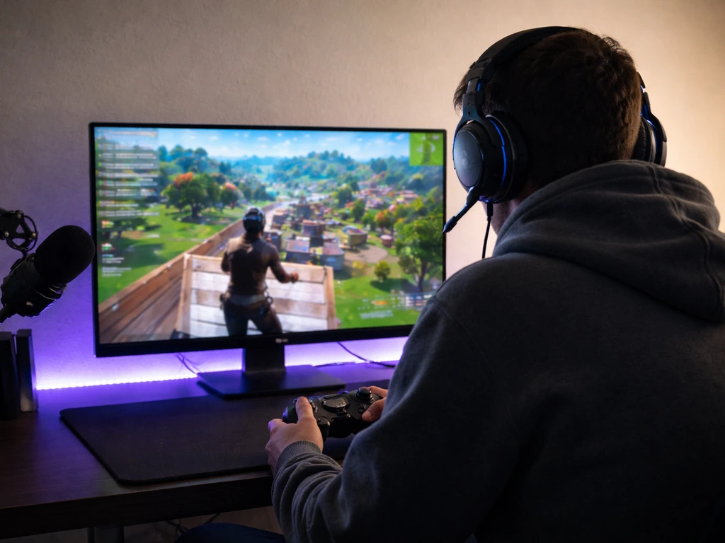 A Twitch-style gaming streamer in a home studio playing Fortnite on a monitor, cozy natural lighting