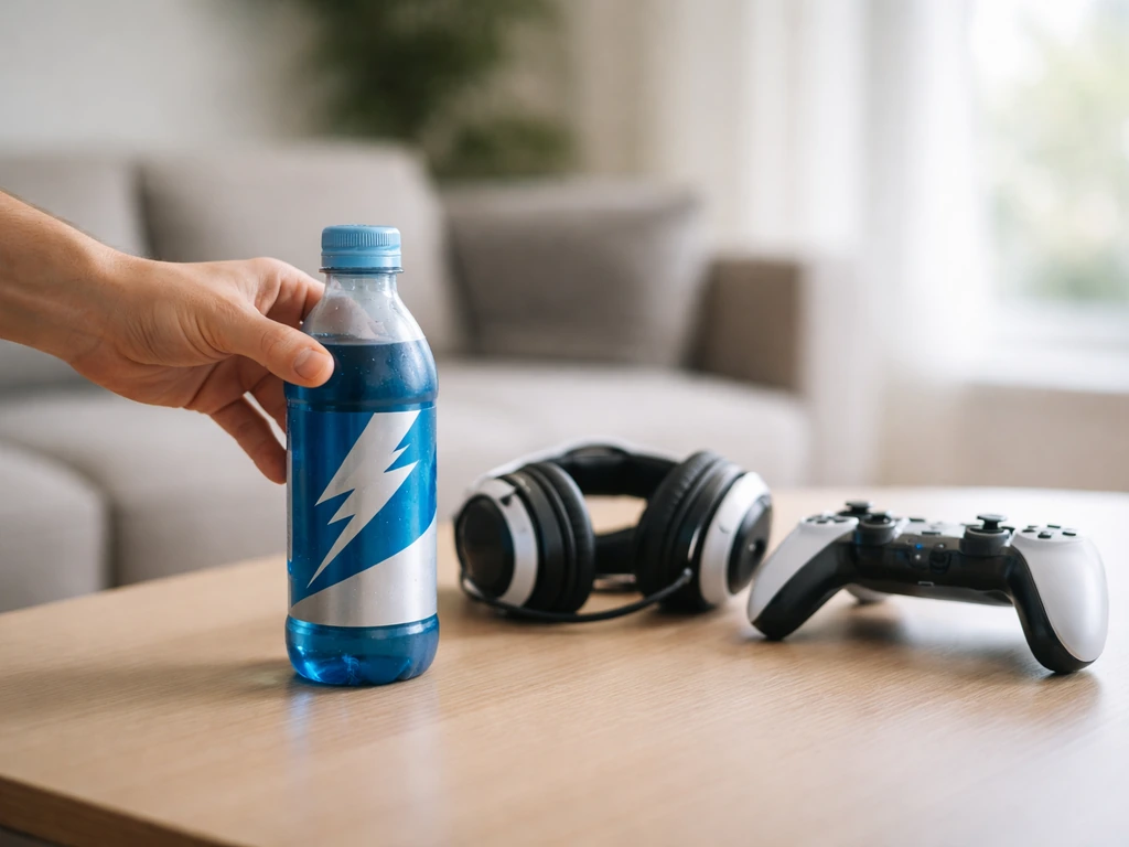An anonymous esports gamer’s desk with a G FUEL-style energy drink container and gaming gear in natural light.