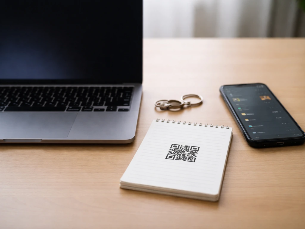 Desk setup with laptop and phone showing generic verification symbols for checking an NFT identifier.