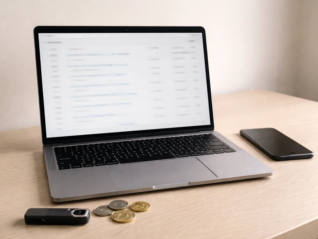 Minimal photo of a laptop showing a generic Ethereum explorer page beside a phone and wallet.