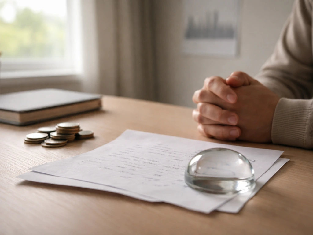 Anonymous desk scene with scattered papers and a small stack of coins, symbolizing uncertain net worth ranges