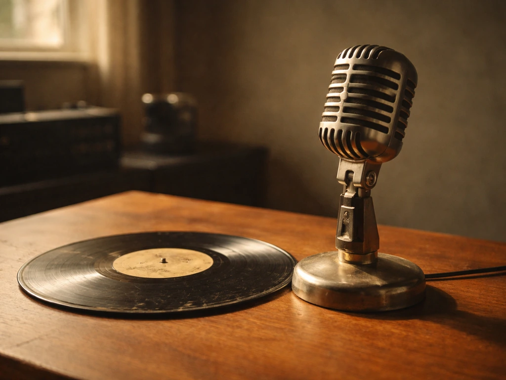Vintage-style microphone and vinyl record on a simple studio table, evoking 1960s rock band context.