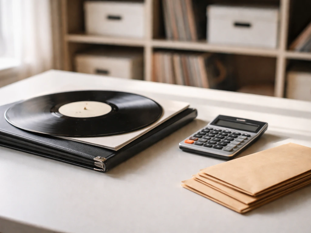 Minimal photo of a vinyl record on a desk beside a calculator and cash-like envelopes symbolizing catalog valuation.