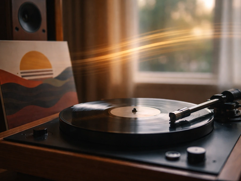 Vinyl record spinning on a turntable with softly blurred light streaks suggesting continuous royalties over time