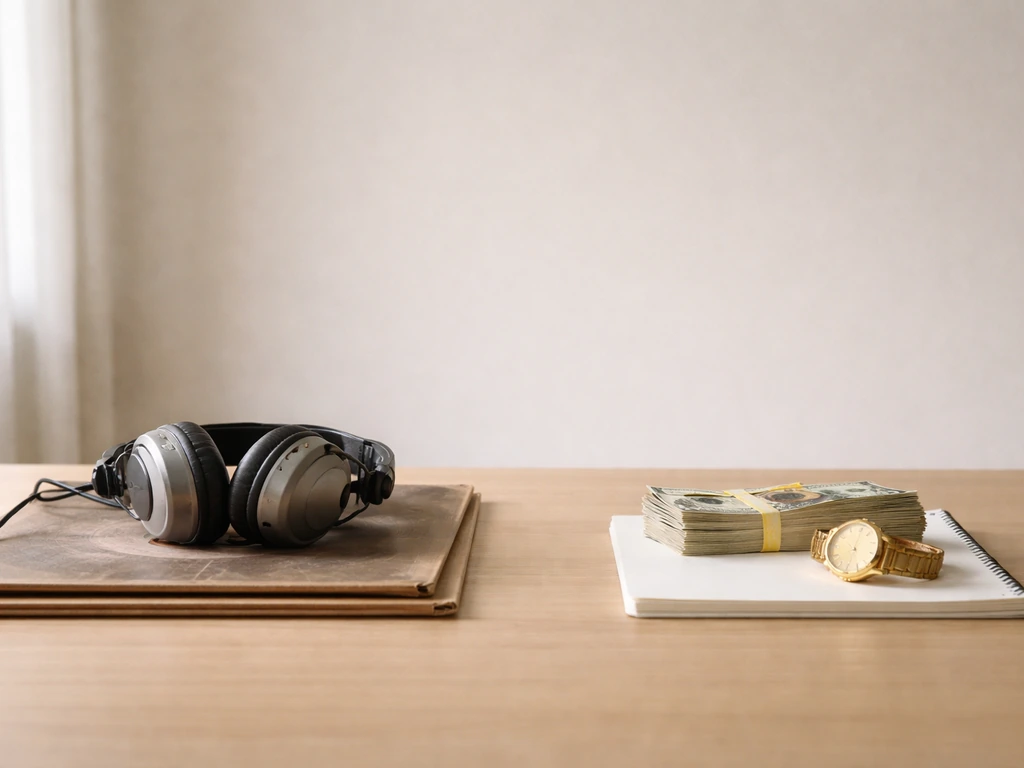 Minimal studio desk with separate objects symbolizing band value and individual value.