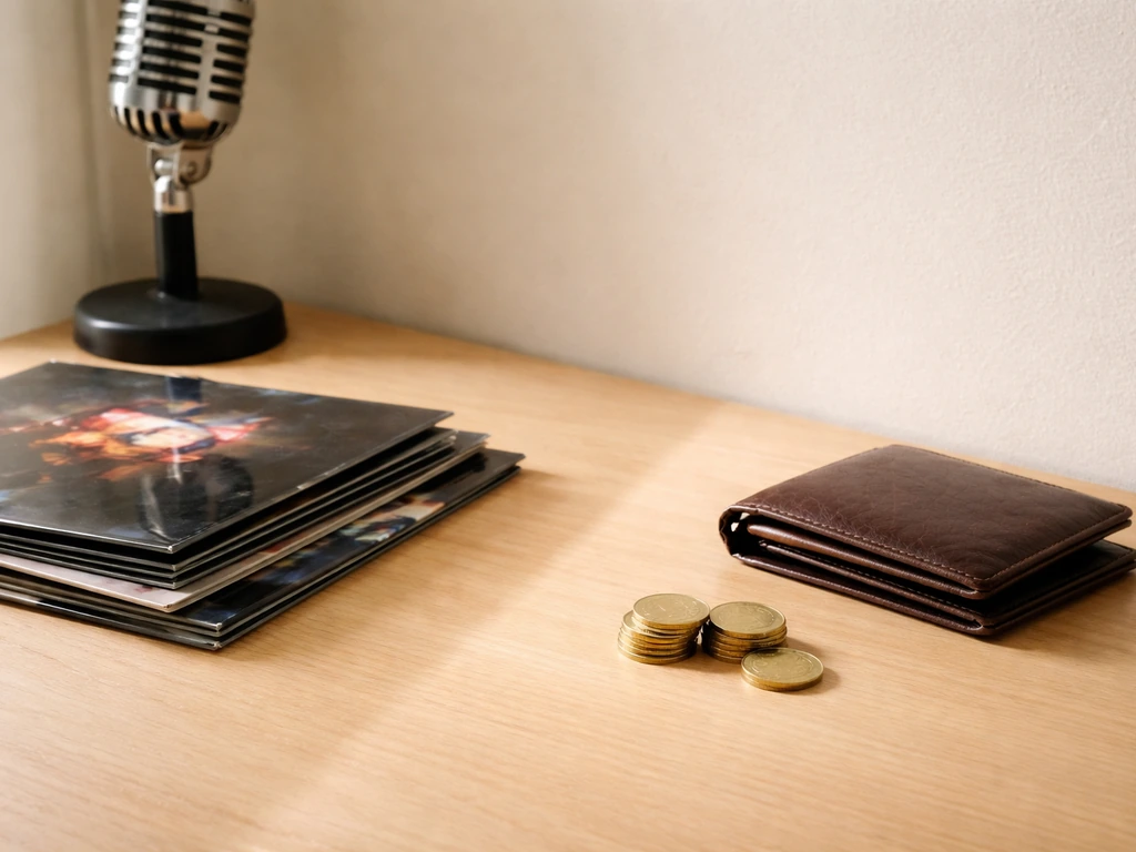 Minimal split scene showing two ways to think about group financial value—music brand items vs personal wealth items.