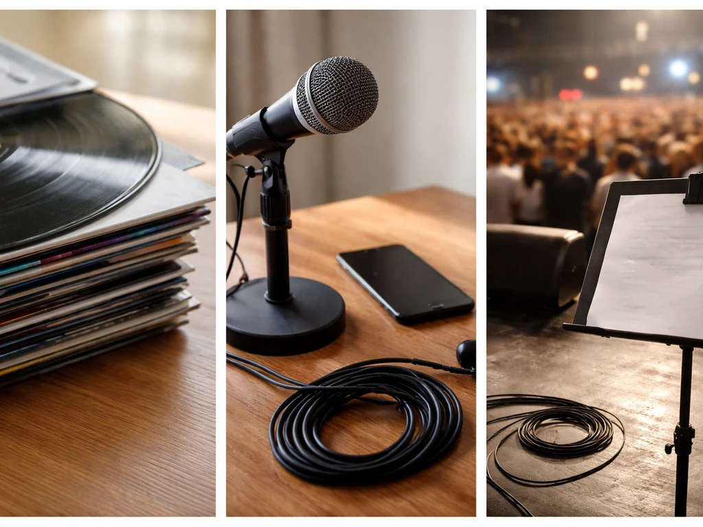 Three-panel scene: vinyl records on wood, studio mic by a blank phone, and an empty stage with pinned flyers.