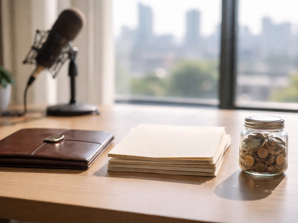 Minimal business scene with a split desk metaphor for music rights: ownership, publishing, and royalties