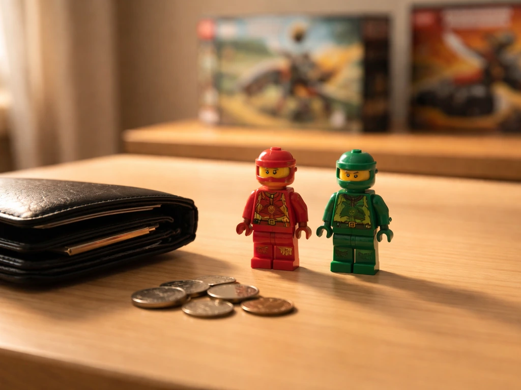 LEGO NINJAGO-themed ninja minifigures and sets arranged beside a wallet and coins on a desk