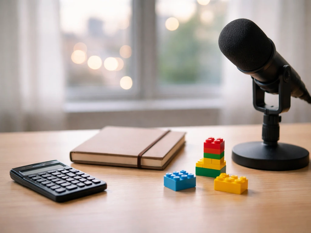 Minimal photo of a desk with a calculator and toy blocks beside a studio microphone, symbolizing franchise valuation inp