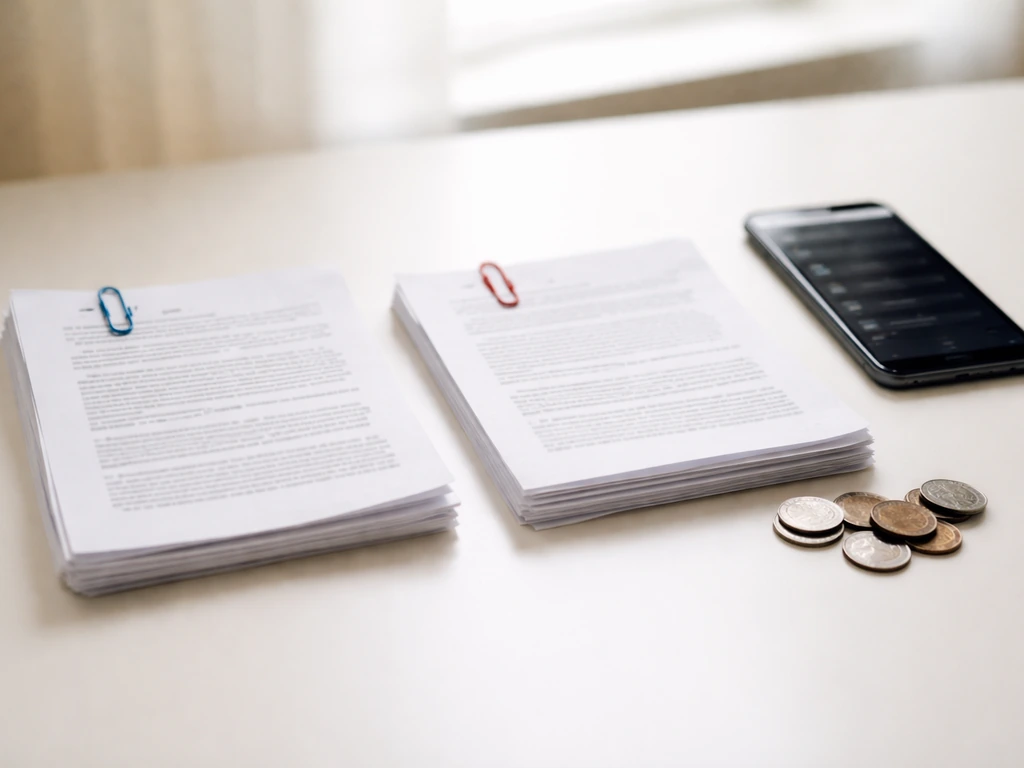 Two document stacks and a phone on a desk, symbolizing conflicting online financial estimates.