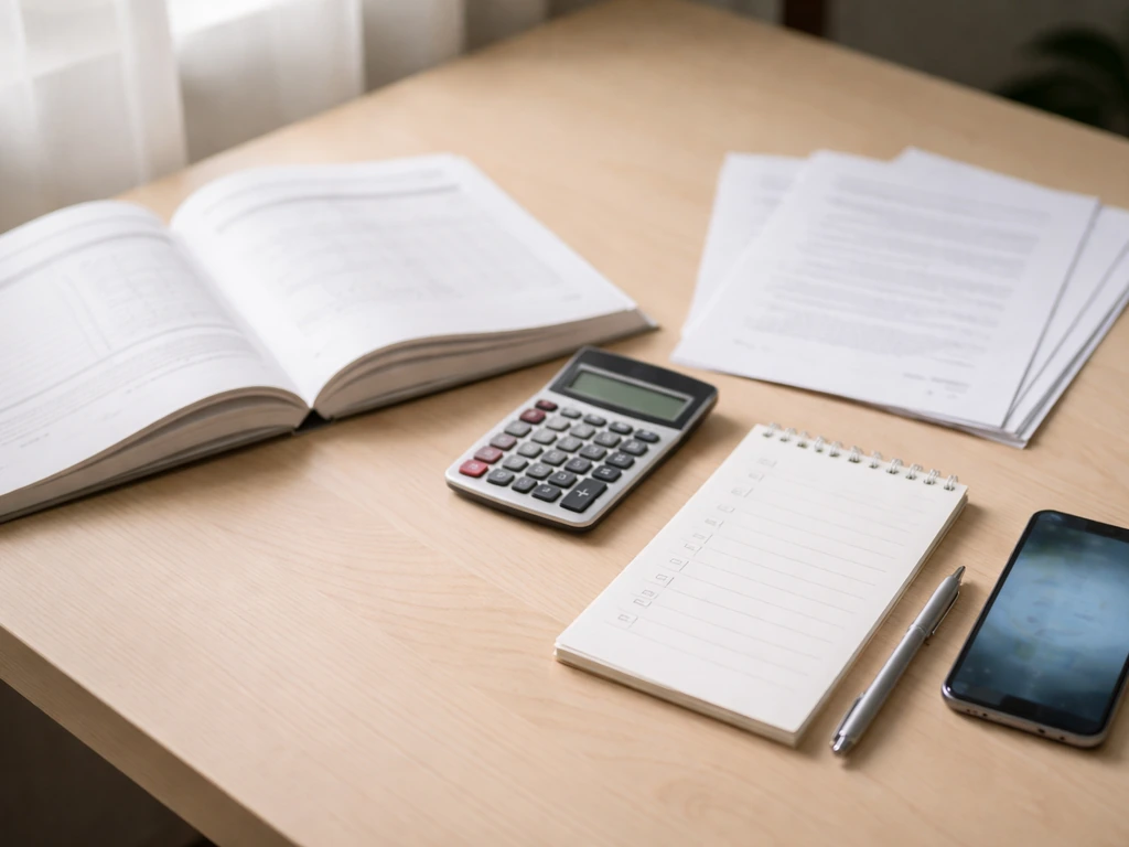 Minimal desk scene with open annual report pages, calculator, checklist pad, and smartphone for cross-checking figures.