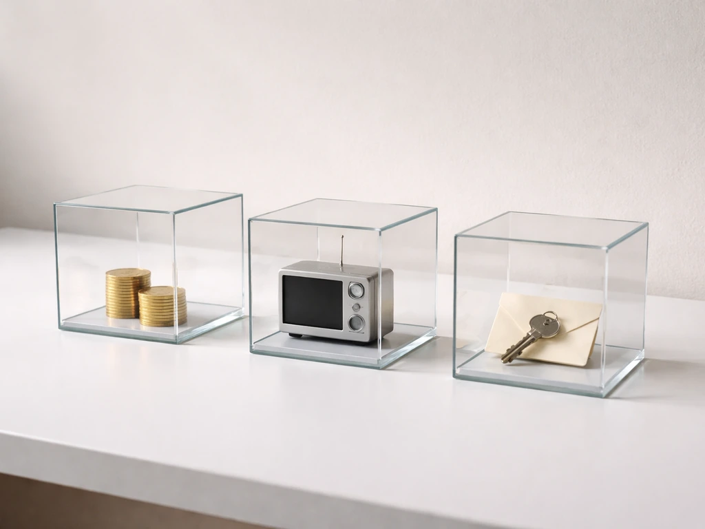 Minimal desk scene with three glass cubes symbolizing different kinds of wealth: coins, media, and property keys.