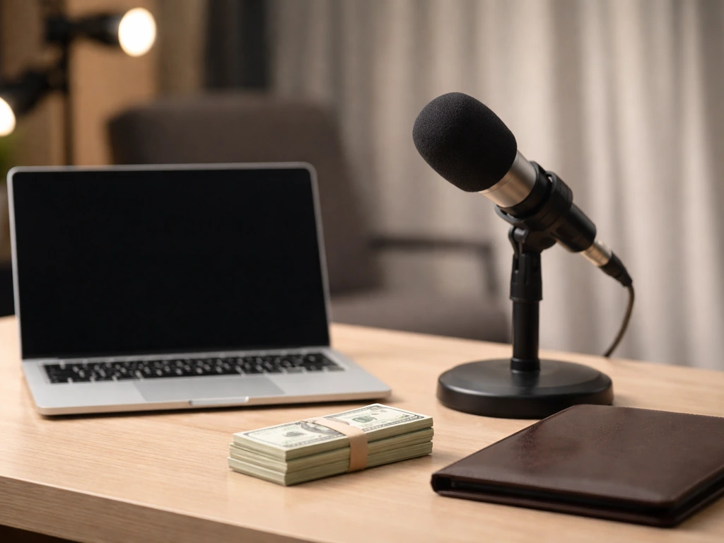 Minimal photo of a modern media studio desk with a microphone and subtle cash-management symbolism